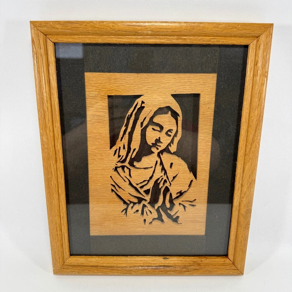 Vintage Mary Praying Scroll Cut Wood Wall Art Religious Christian Decor